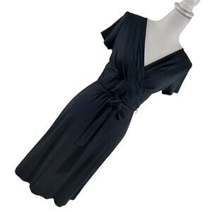 TALBOTS PETITES! BLACK JERSEY KNIT BELTED WAIST, CRISS-CROSS BODICE DRESS! SZ SP